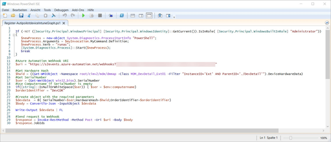 Screenshot of the client script to capture the hardware hash and upload it to the Azure Device Directory