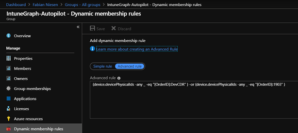 Screenshot: portal.azure.com - Dynamic Group with OrderID as criteria