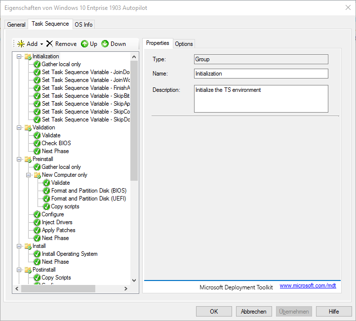 Screenshot: First part of task sequence for OS installation with autopilot activation