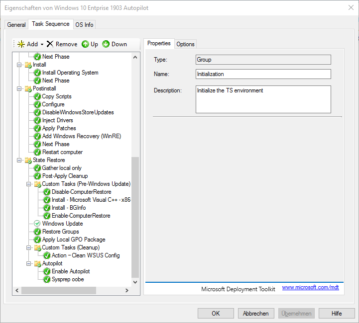 Screenshot: Second part of task sequence for OS installation with autopilot activation 