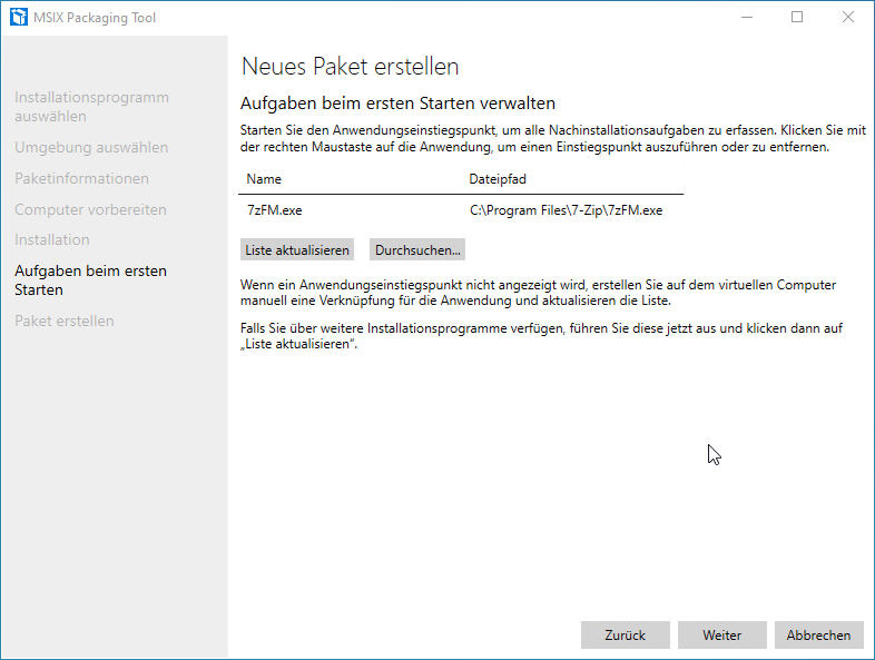 Screenshot: MSIX Packaging Tool  - Neues Paket erstellen - Aufgaben beim ersten Starten