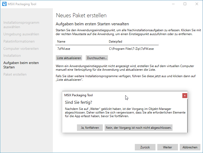 Screenshot: MSIX Packaging Tool  - Neues Paket erstellen - Sind Sie fertig?