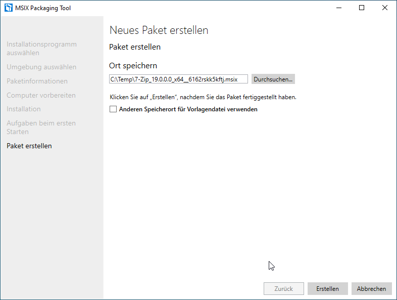 Screenshot: MSIX Packaging Tool  - Neues Paket erstellen - Paket erstellen