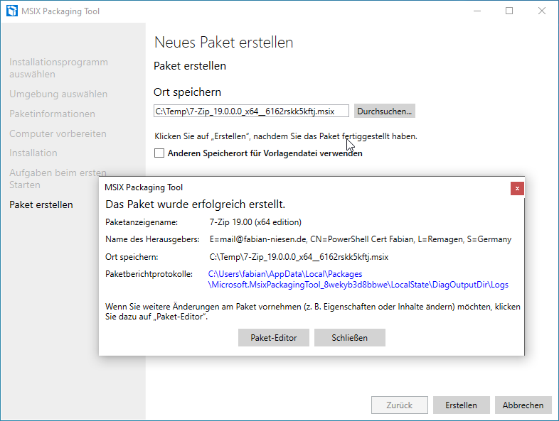 Screenshot: MSIX Packaging Tool  - Neues Paket erstellen - Das Paket wurde erfolgreich erstellt