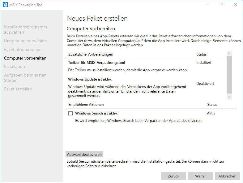 Screenshot: MSIX Packaging Tool  - Neues Paket erstellen - Computer vorbereiten