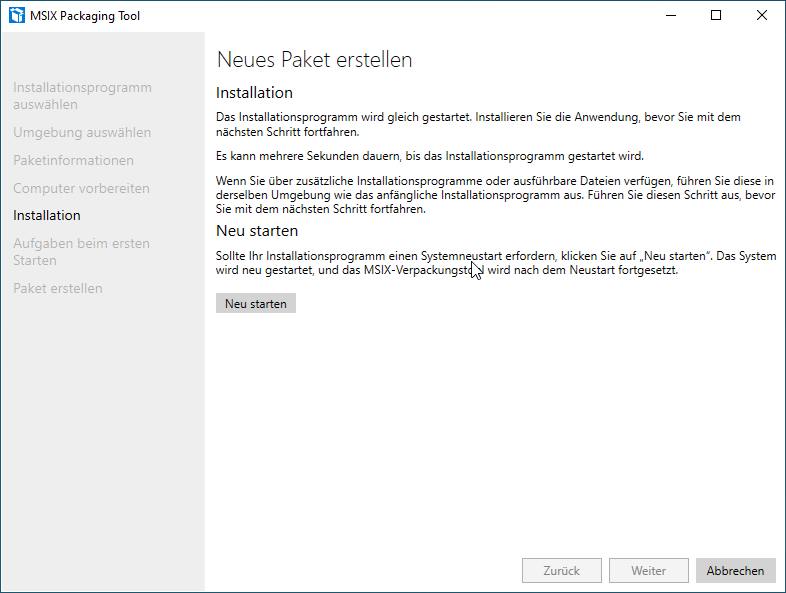 Screenshot: MSIX Packaging Tool  - Neues Paket erstellen - Installation