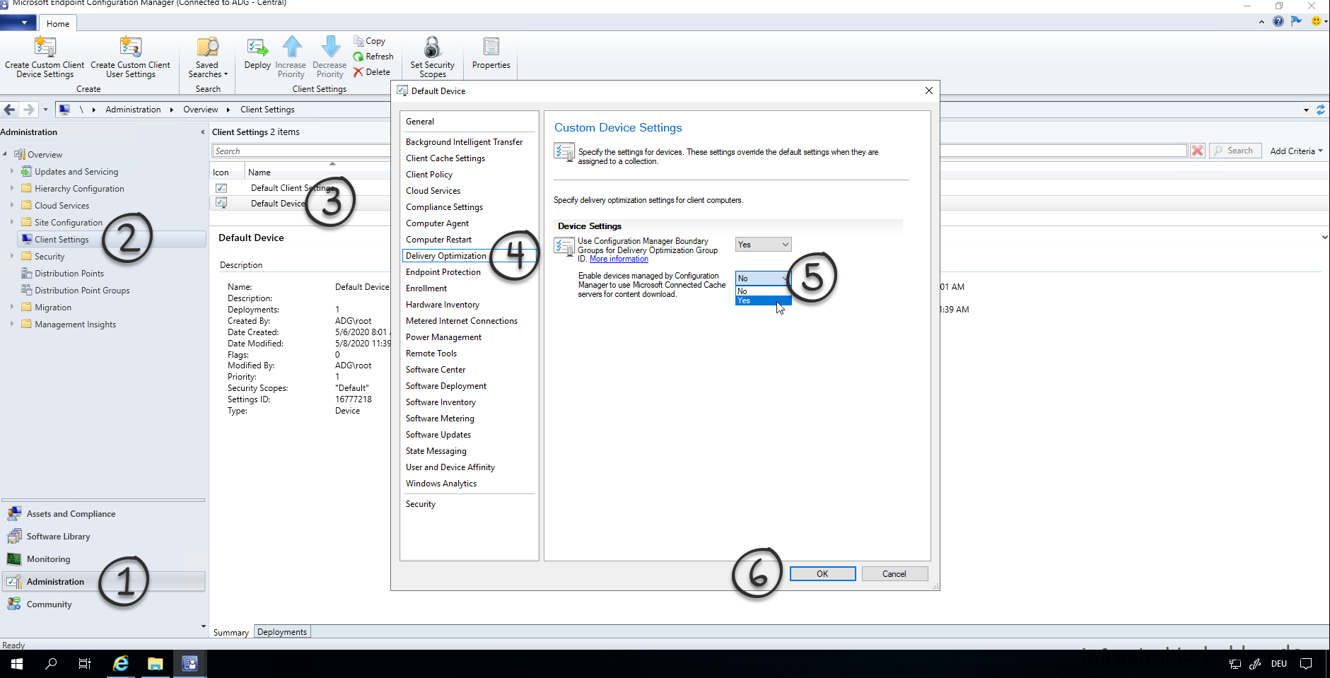 Configuring the SCCM Policy for Connected Cache
Next, you must adapt the corresponding device policy in SCCM. To do this, go to the "Client Settings" under Administration and open the properties of the corresponding policy. Under "Delivery Optimization", set the option "Enable devices managed by Configuration Manager to use Microsoft Connected Cache servers for content download" to "Yes".