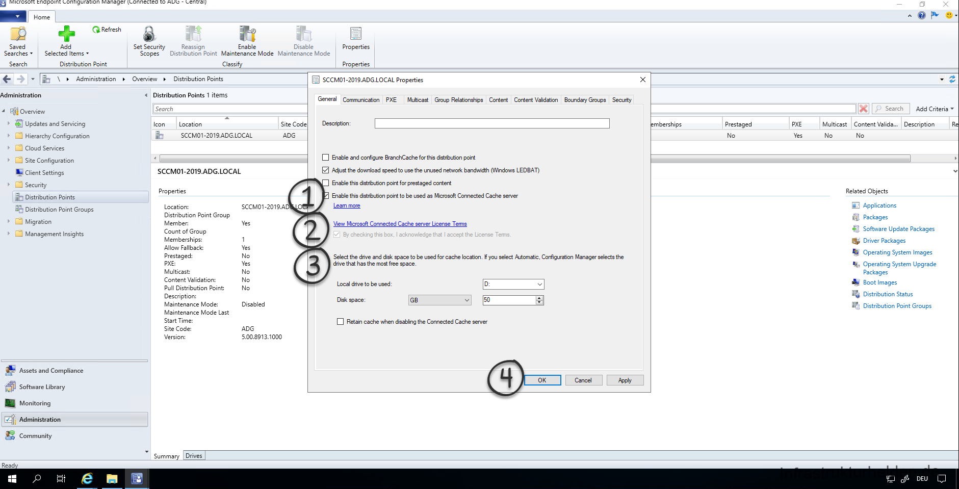 Enabling the Microsoft Connected Cache - Part 2
In the properties dialog you will find the checkbox "Enable this distribution point to be used as Microsoft Connected Cache server" in the "General" tab. Activate it and configure the location and scope according to your needs. It is better to be a bit too large for the cache in your environment. In my test lab I choose 50GB due to resource limitations. The default value is 100GB cache size. 