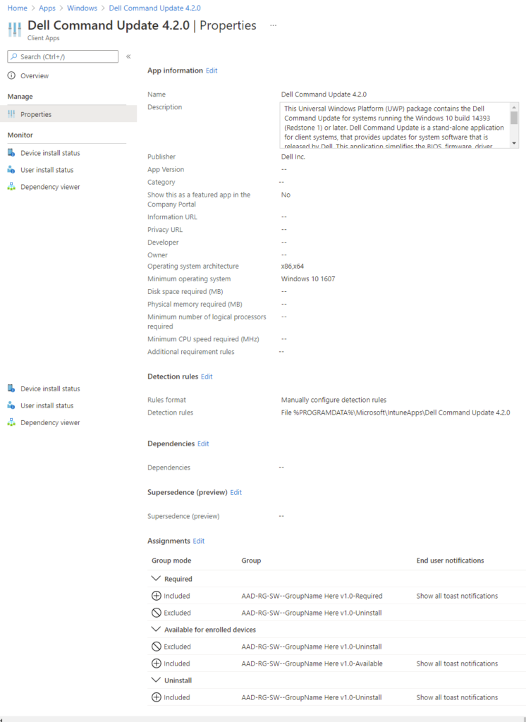 Intune Paketierung einfach gemacht 3 Screenshot Azure Portal: Eigenschaften Dell Command Update nach Invoke-Upload.ps1